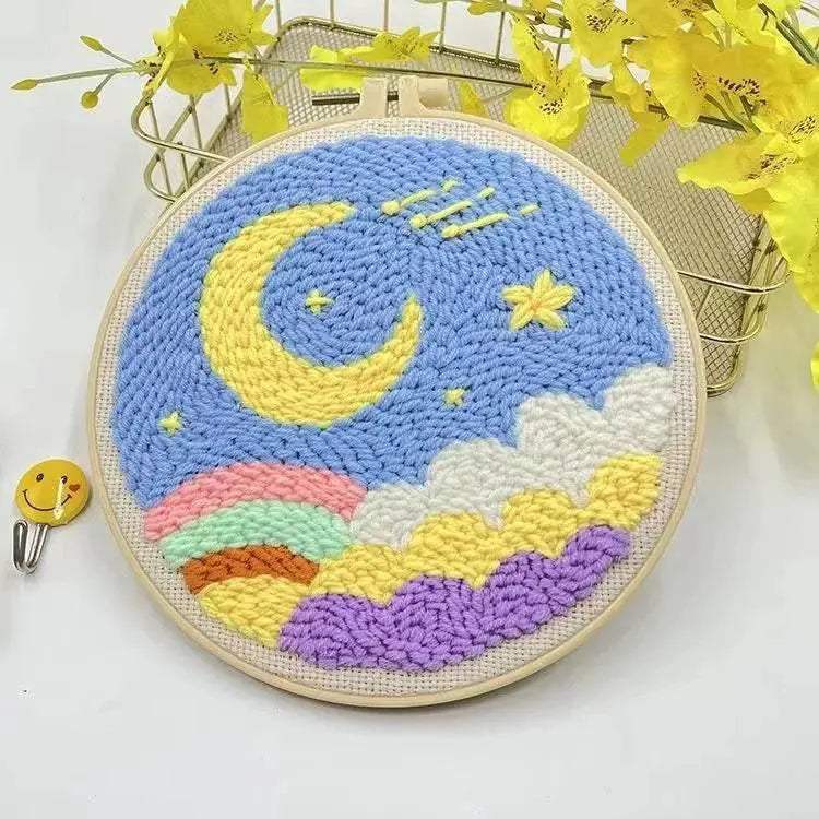 Moonlit Scenery Punch Needle Embroidery Craft Kit - DIY Rug Hooking Set with Threader, Fabric, and Wool Yarn - ToylandEU
