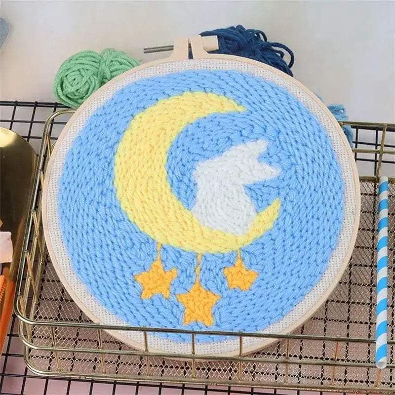 Moonlit Scenery Punch Needle Embroidery Craft Kit - DIY Rug Hooking Set with Threader, Fabric, and Wool Yarn - ToylandEU