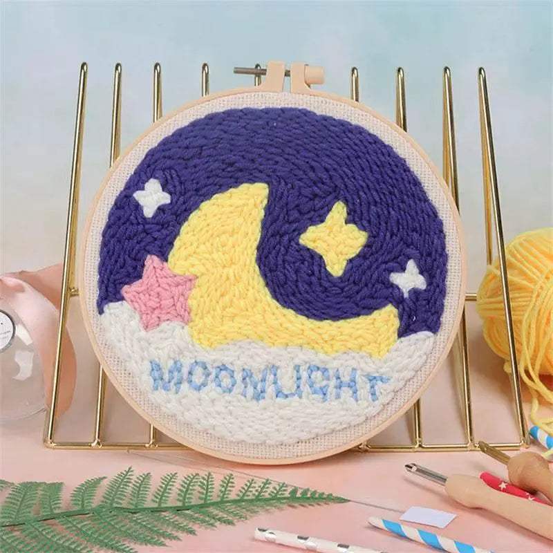 Moonlit Scenery Punch Needle Embroidery Craft Kit - DIY Rug Hooking Set with Threader, Fabric, and Wool Yarn - ToylandEU