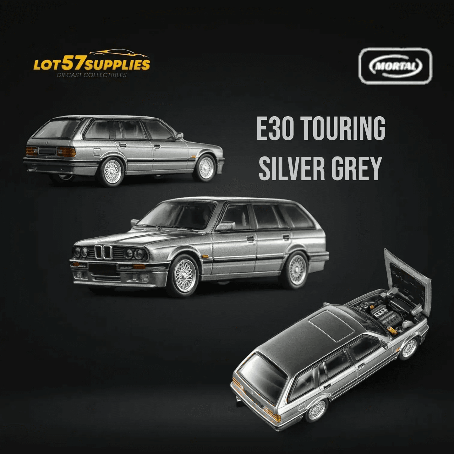 Mortal BMW E30 Touring Wagon in Silver Grey w/ Openable Hood 1:64 - ToylandEU