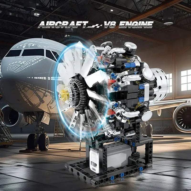 Aircraft V8 Engine Motorized Simulation Model Electrically Drive Technical Blocks DIY Building Toys Gifts Boys Adult Bricks Sets - ToylandEU