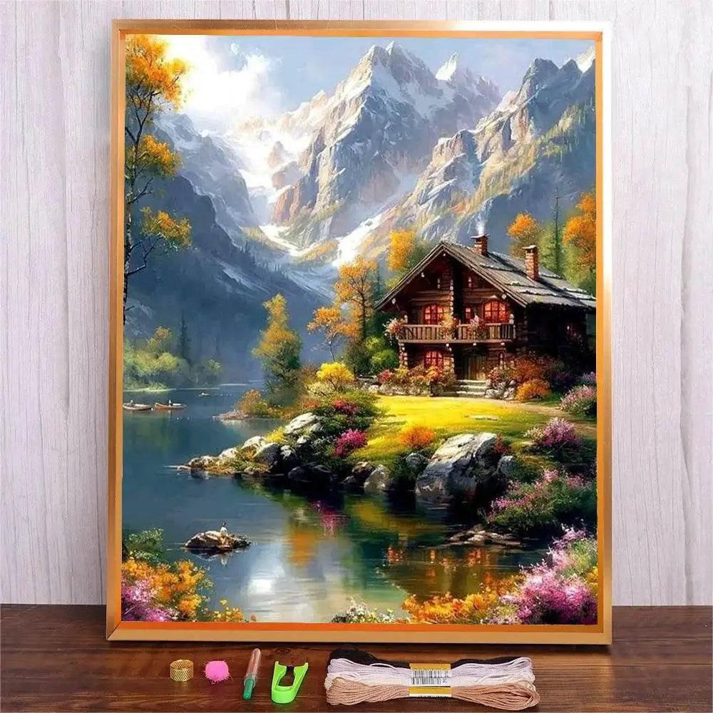  Mountain Cottage Scenic Cross Stitch Embroidery Kit for Beginners - DIY Craft Set with Patterns and Instructions -  ToylandEU™