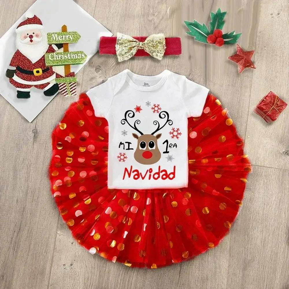 My First Christmas Deer Print Baby Bodysuit With Sequined Tutu - ToylandEU