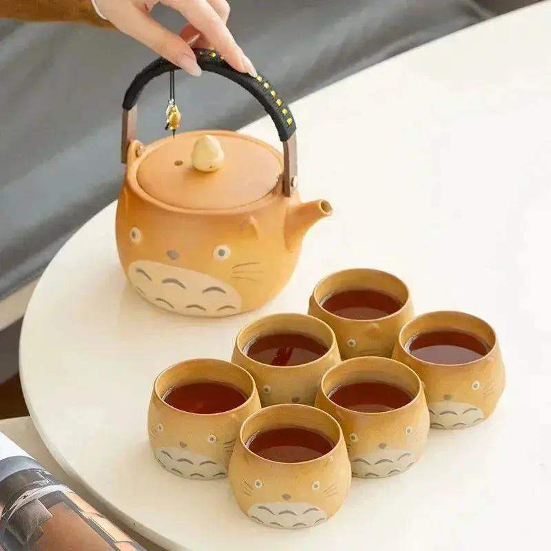 My Neighbor Totoro Ceramic Teapot Teacups Set, Anime Studio Ghibli Cute Cat Rough Pottery Cooking Teapot Tea Table Accessories - ToylandEU