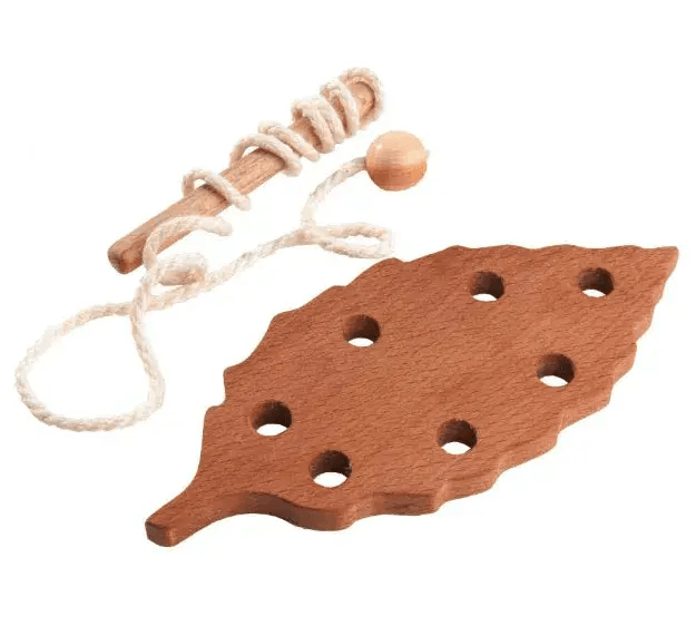 Natural Wooden Lacing Toy For Toddlers Beech Leaf Threading - ToylandEU