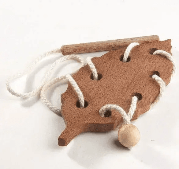 Natural Wooden Lacing Toy For Toddlers Beech Leaf Threading - ToylandEU