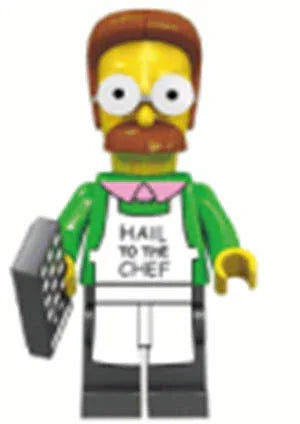 Ned Flanders LEGO Figure With Printed Chef Apron Green Sweater Brown Hair Mustache - ToylandEU