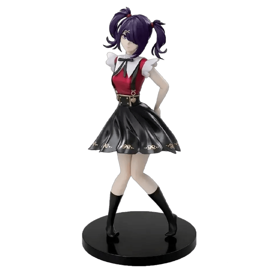 Figure of a character in a red and black outfit with a white collar on a white background