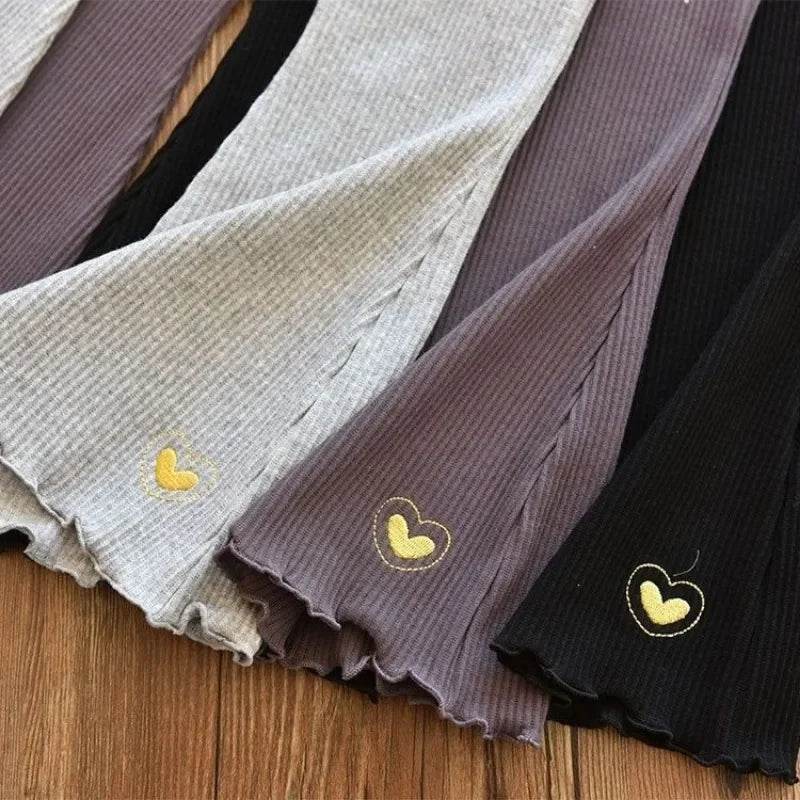 New Arrival Premium Soft Flare Leggings For Girls Heart Embroidery Versatile Summer Casual Wear For Active Girls - ToylandEU
