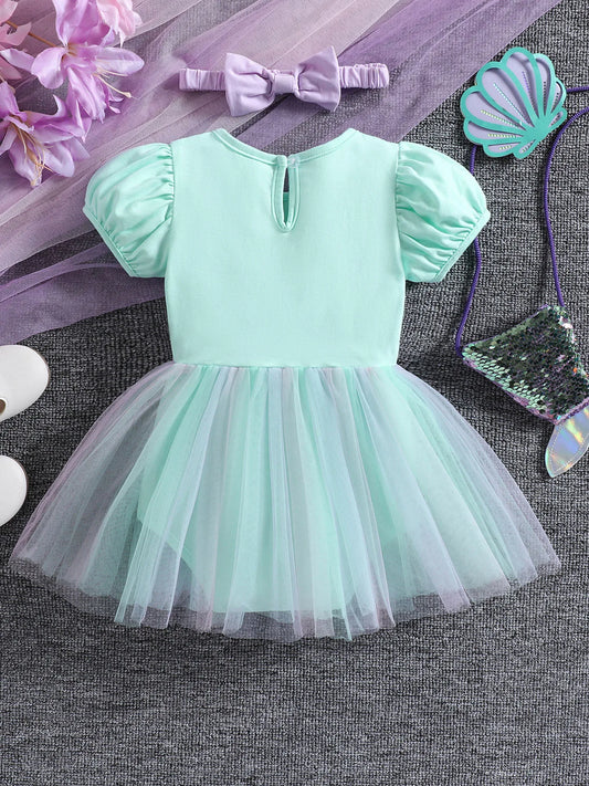 New Baby Girls Dress Set Mermaid Gradient Tutu Skirt With Bow For Toddlers 1 To 2 Years Crawling Suit - ToylandEU