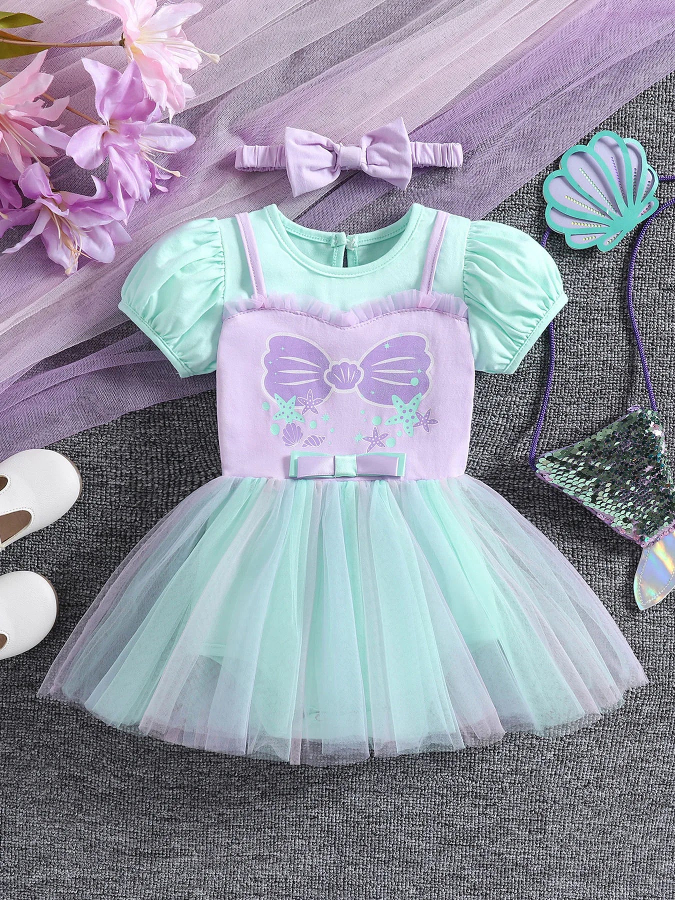 New Baby Girls Dress Set Mermaid Gradient Tutu Skirt With Bow For Toddlers 1 To 2 Years Crawling Suit - ToylandEU