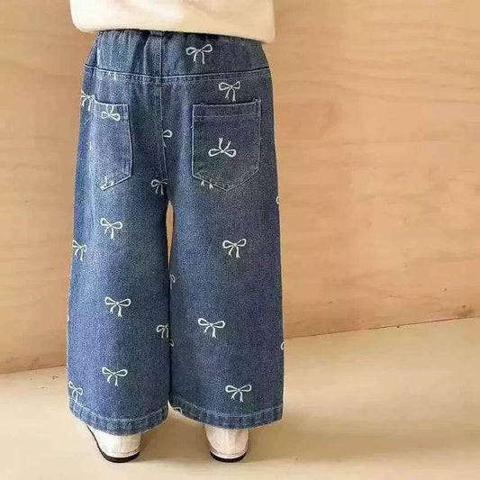 New Girls Denim Jeans Full Print Bow Design Elastic Waist For Kids Ages 1 6 - ToylandEU