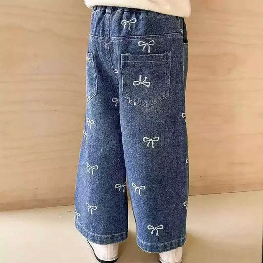 New Girls Denim Jeans Full Print Bow Design Elastic Waist For Kids Ages 1 6 - ToylandEU
