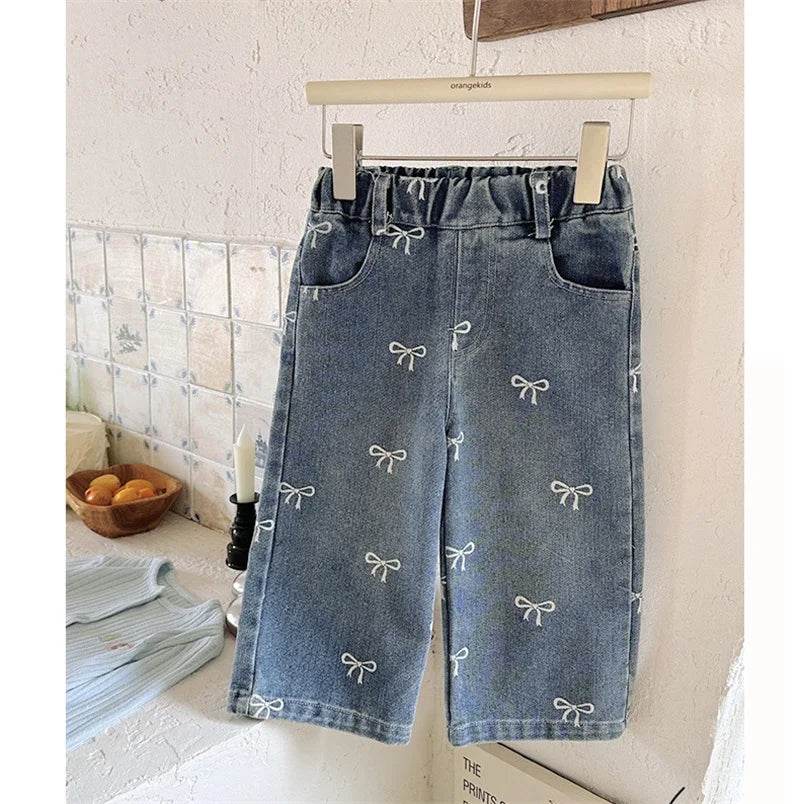 New Girls Denim Jeans Full Print Bow Design Elastic Waist For Kids Ages 1 6 - ToylandEU