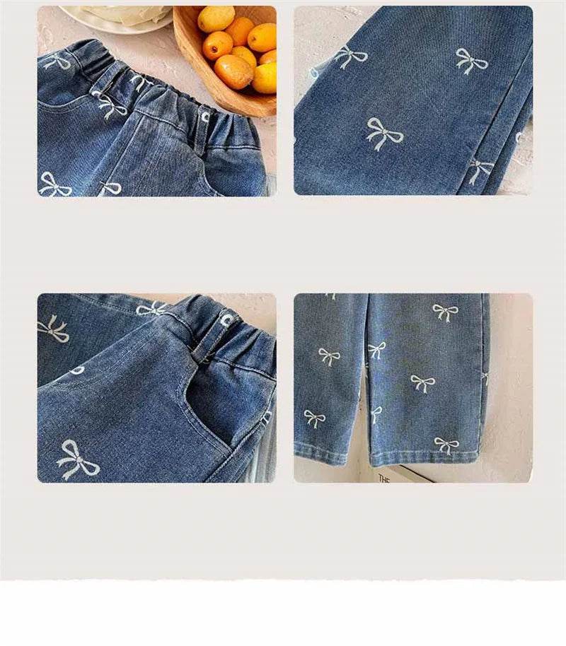 New Girls Denim Jeans Full Print Bow Design Elastic Waist For Kids Ages 1 6 - ToylandEU