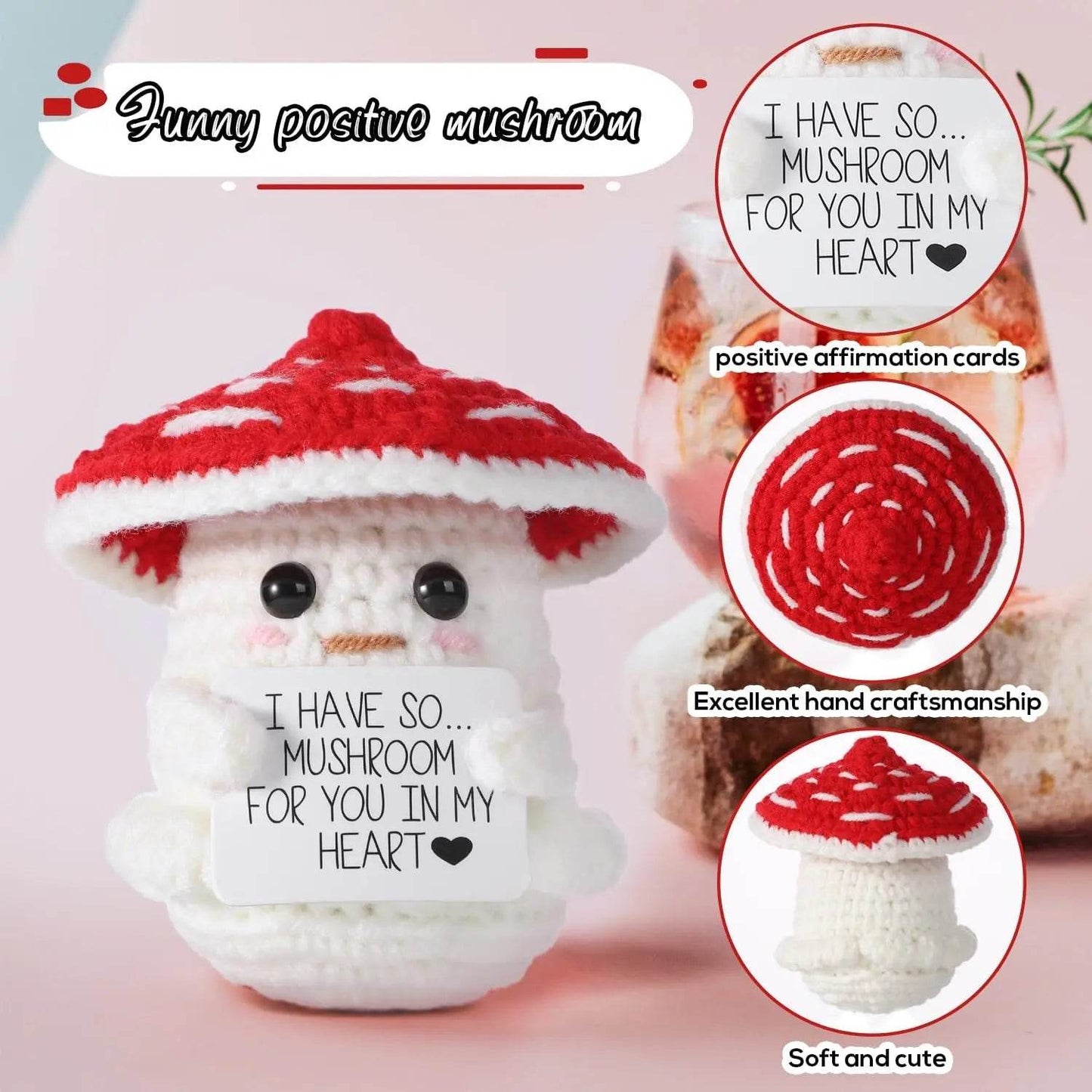 New Positive Crochet Mushroom Doll With Heart Handmade Knitted Emotional Support Home Room Decor Desktop Ornament Gift - ToylandEU