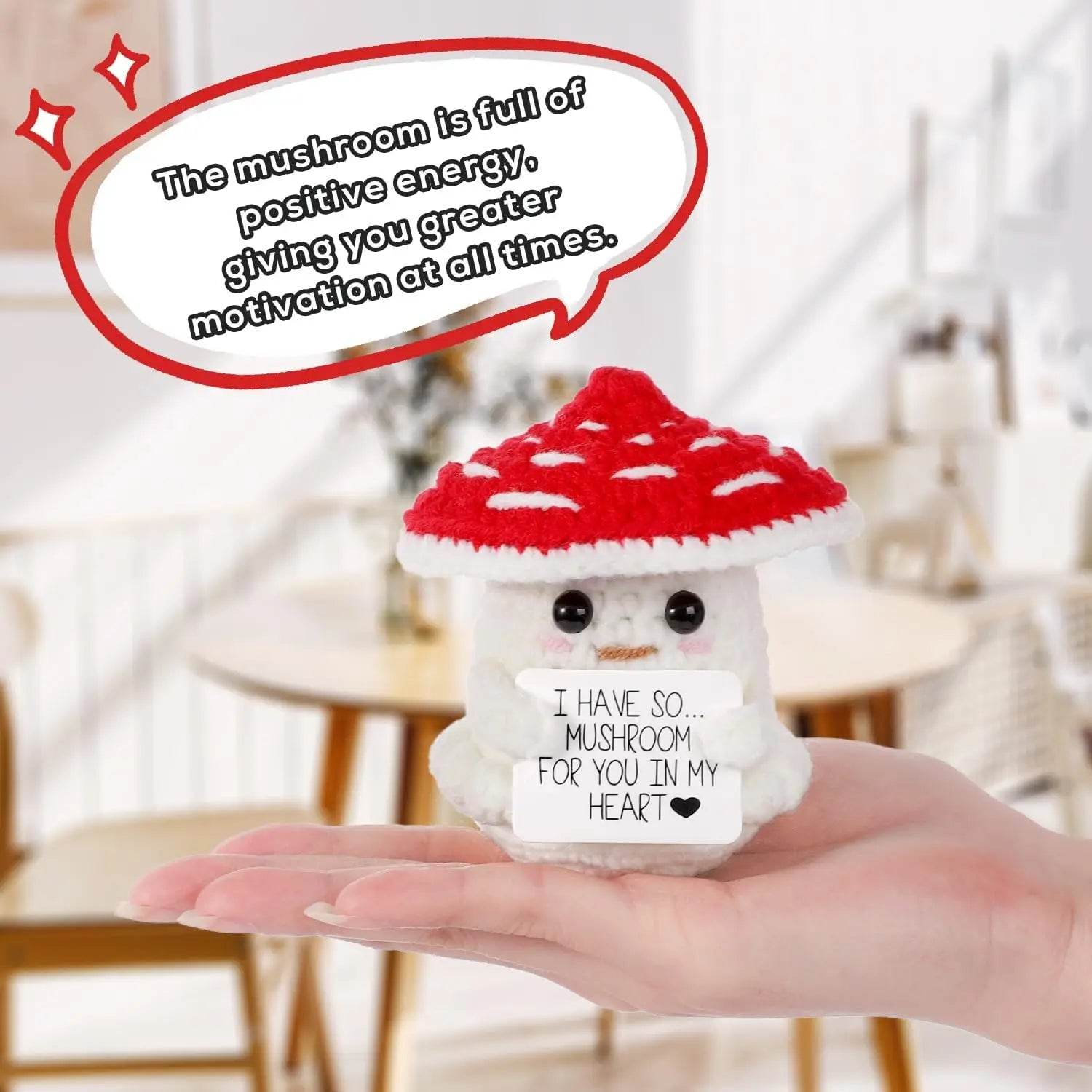 New Positive Crochet Mushroom Doll With Heart Handmade Knitted Emotional Support Home Room Decor Desktop Ornament Gift - ToylandEU