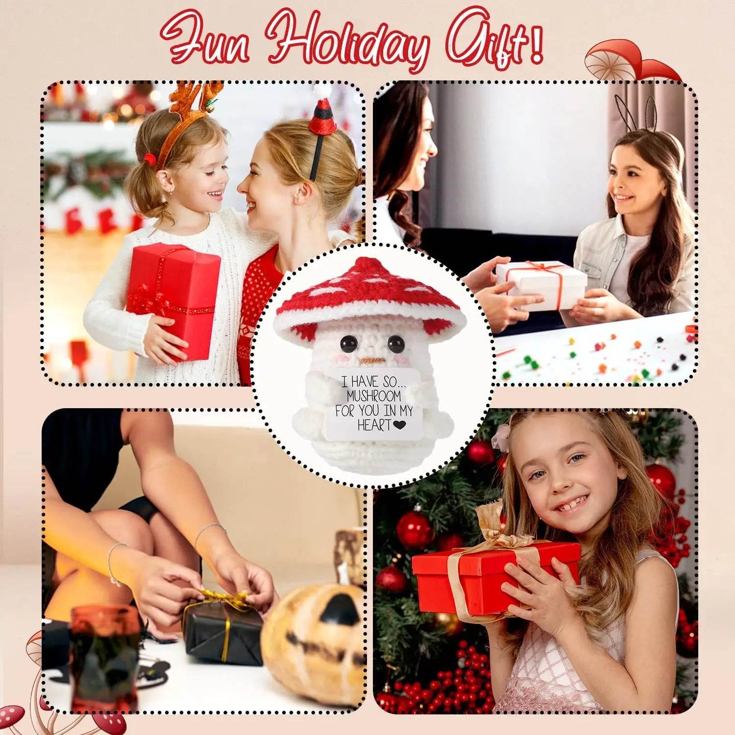 New Positive Crochet Mushroom Doll With Heart Handmade Knitted Emotional Support Home Room Decor Desktop Ornament Gift - ToylandEU