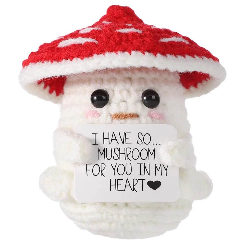 New Positive Crochet Mushroom Doll With Heart Handmade Knitted Emotional Support Home Room Decor Desktop Ornament Gift - ToylandEU
