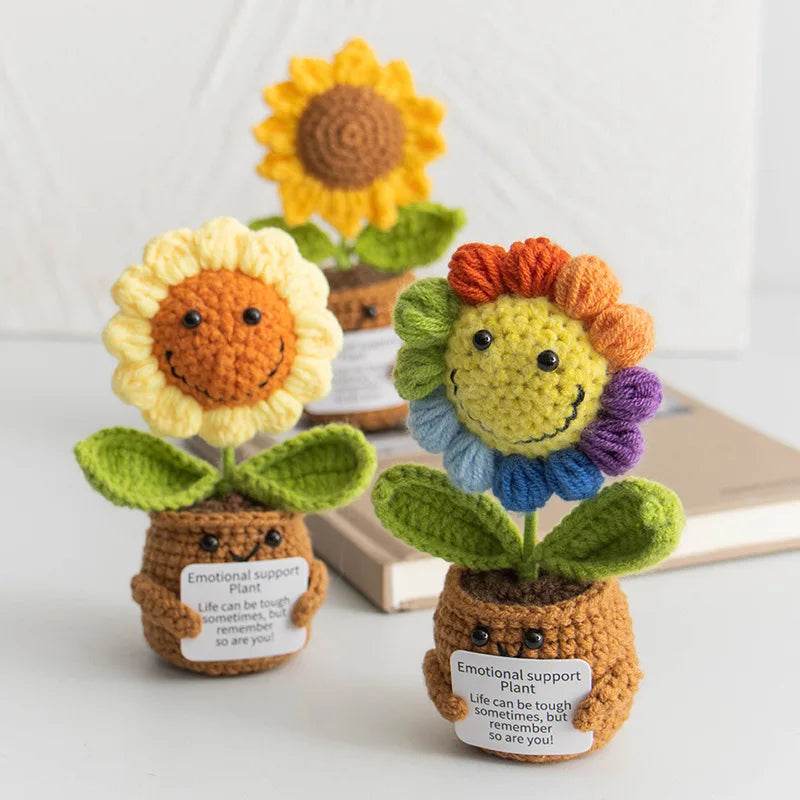 New Positive Energy Hug Pocket Colorful Sunflower Potted Plants Handmade Knitted Doll With Card Christmas Gift Home Room Decor - ToylandEU