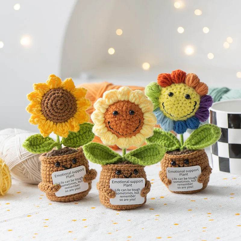 New Positive Energy Hug Pocket Colorful Sunflower Potted Plants Handmade Knitted Doll With Card Christmas Gift Home Room Decor - ToylandEU