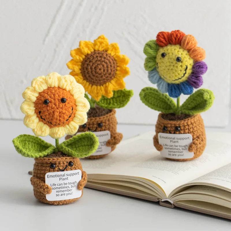 New Positive Energy Hug Pocket Colorful Sunflower Potted Plants Handmade Knitted Doll With Card Christmas Gift Home Room Decor - ToylandEU