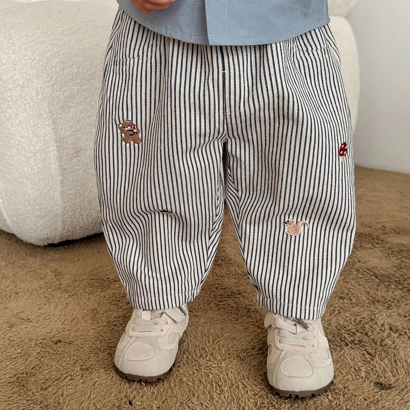 New Toddler Pants Cartoon Embroidered Harem Elastic Waist Boy Casual Striped Denim - ToylandEU
