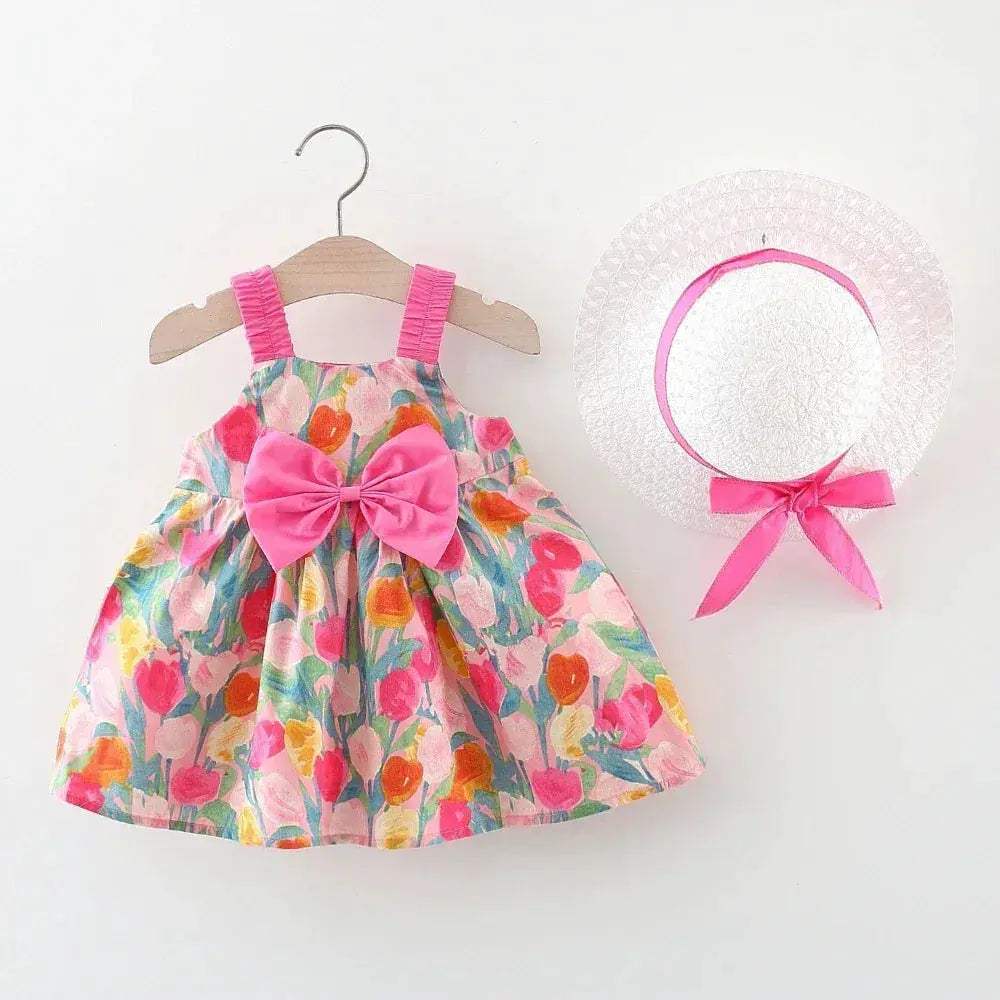 Newborn Baby Girl Dress Summer Floral Print Bow Hat - ToylandEU