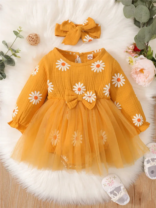 Newborn Baby Girl Dress With Daisy Tulle Patchwork - ToylandEU
