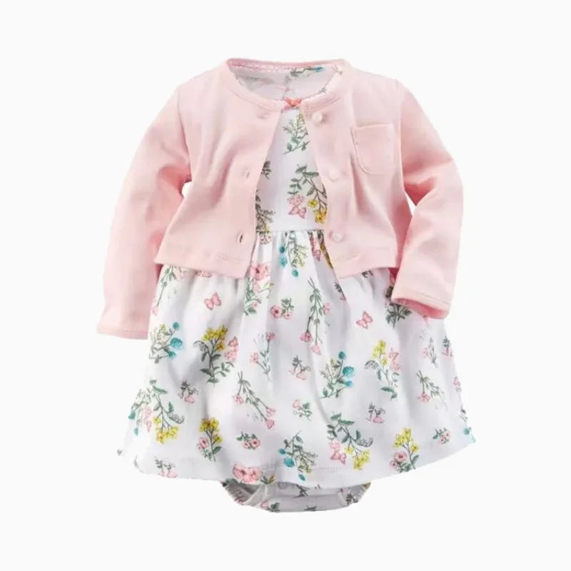 Newborn Baby Girls Floral Button Romper Set With Coat - ToylandEU