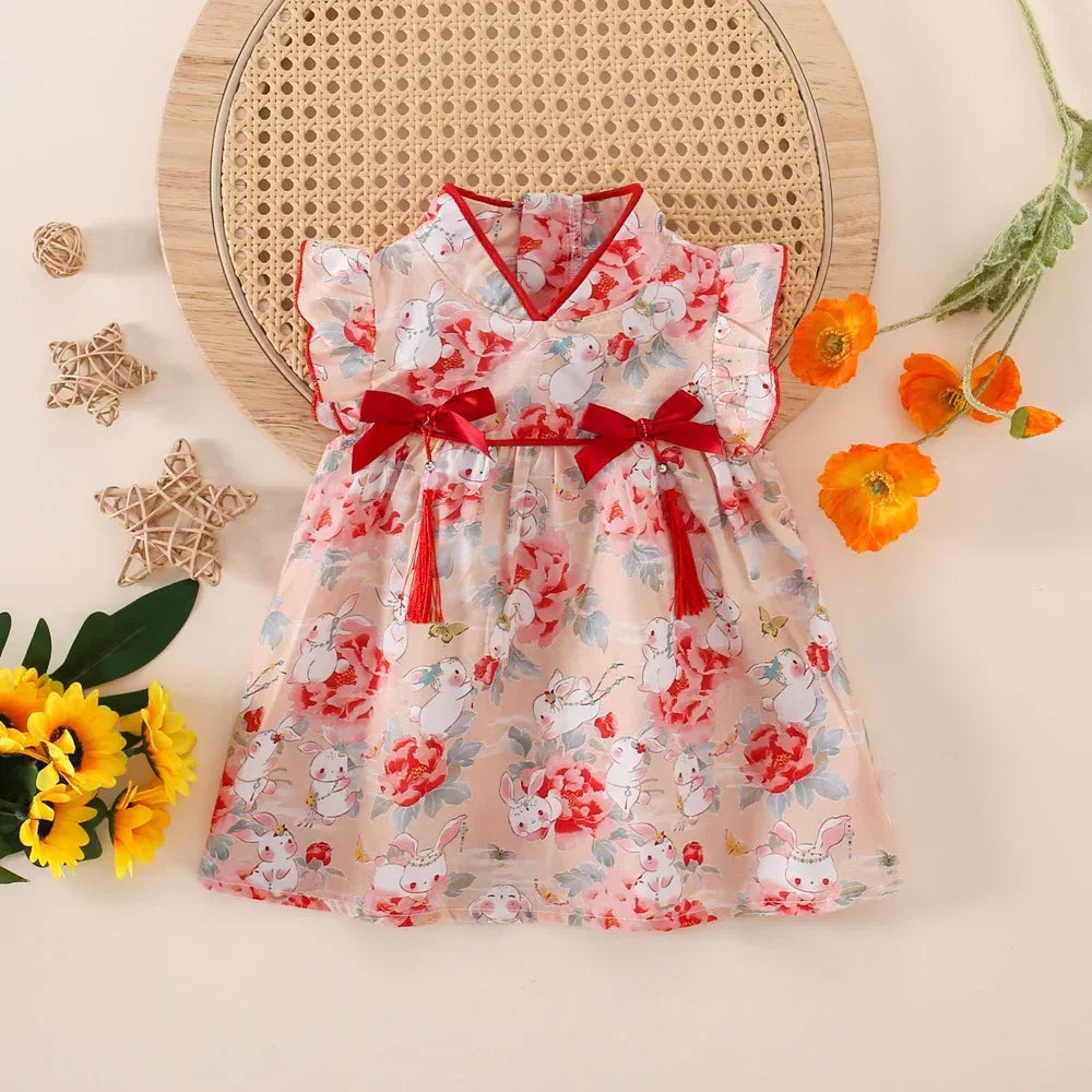Newborn Soft Cotton Baby Girl Dress With Rabbit Flower Print - ToylandEU