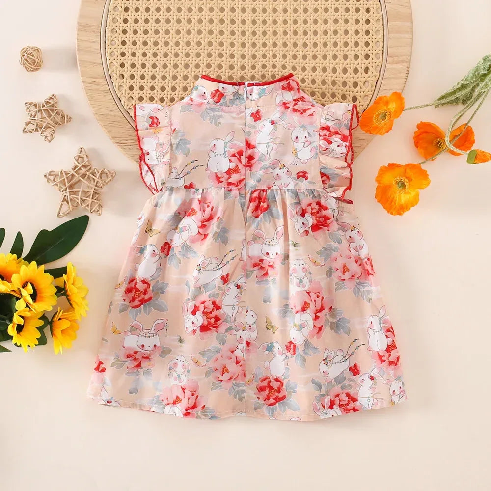 Newborn Soft Cotton Baby Girl Dress With Rabbit Flower Print - ToylandEU