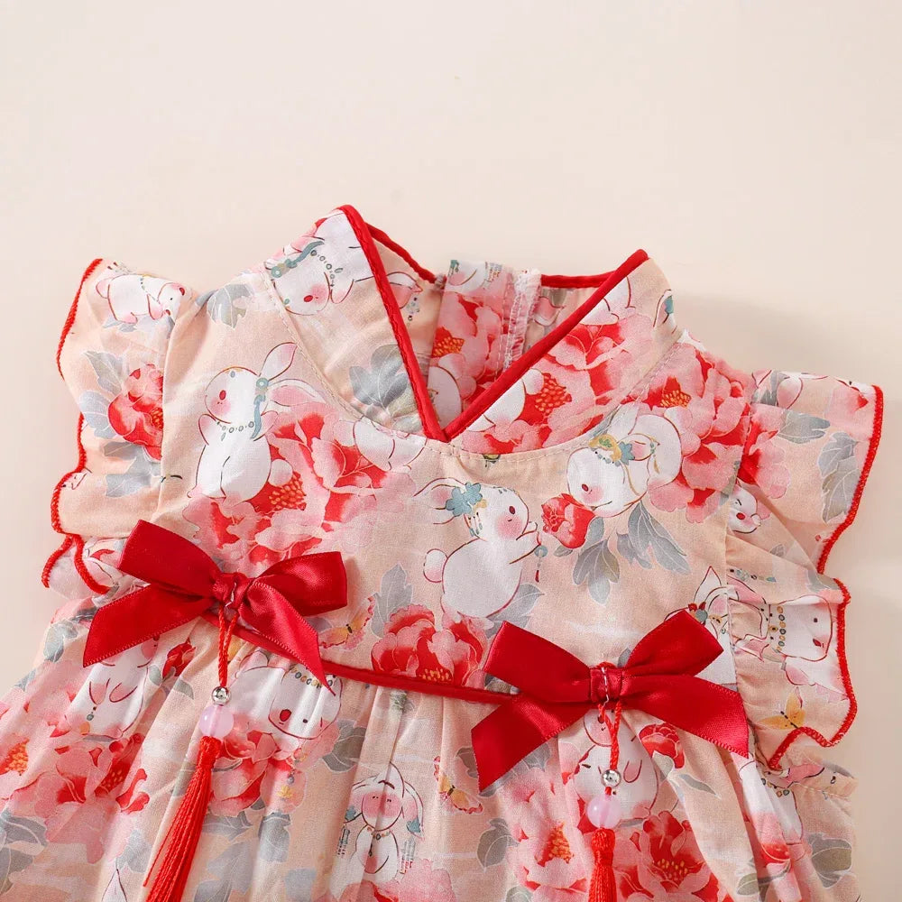 Newborn Soft Cotton Baby Girl Dress With Rabbit Flower Print - ToylandEU