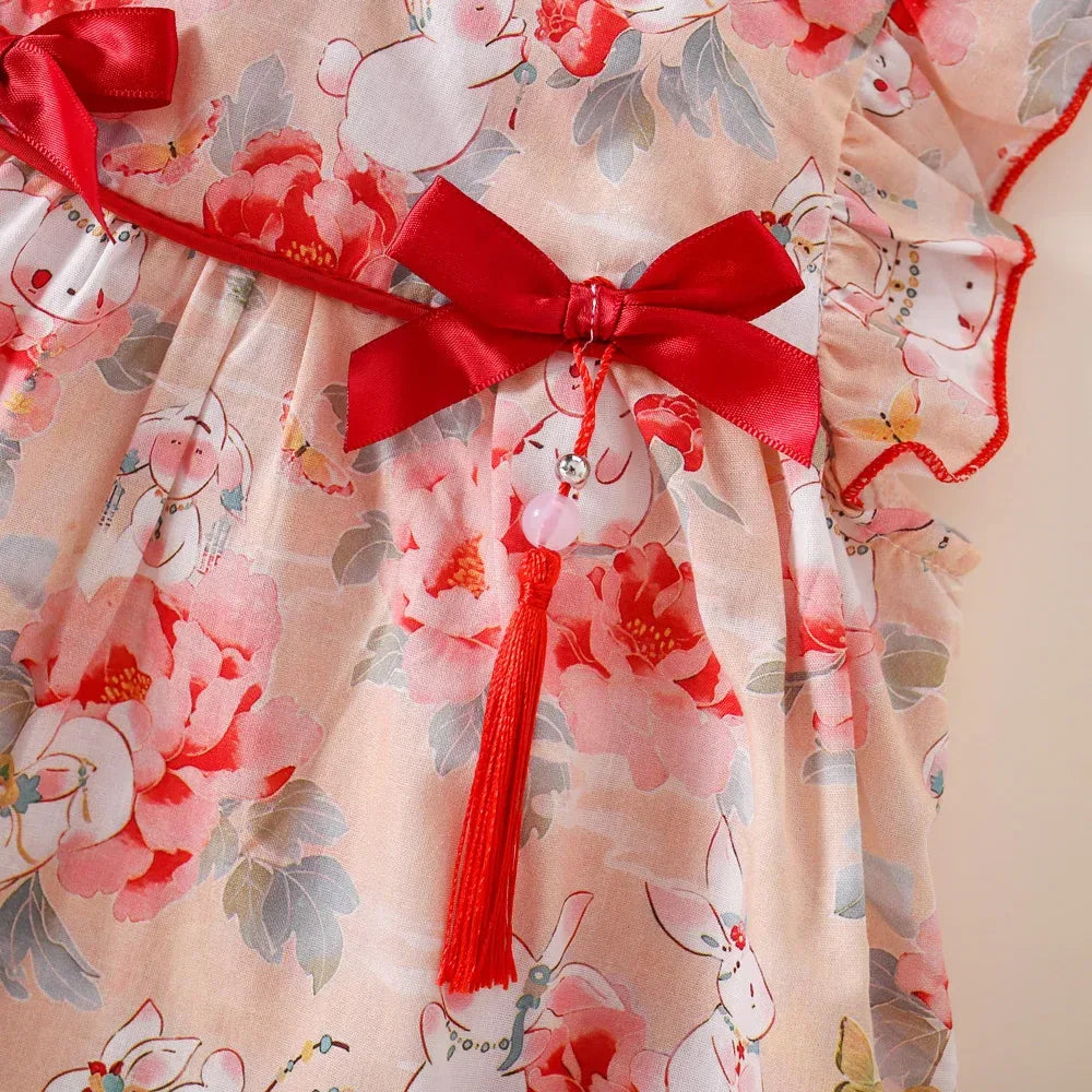 Newborn Soft Cotton Baby Girl Dress With Rabbit Flower Print - ToylandEU