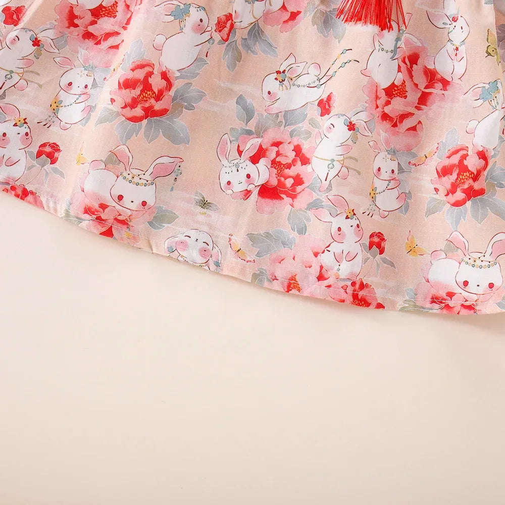 Newborn Soft Cotton Baby Girl Dress With Rabbit Flower Print - ToylandEU