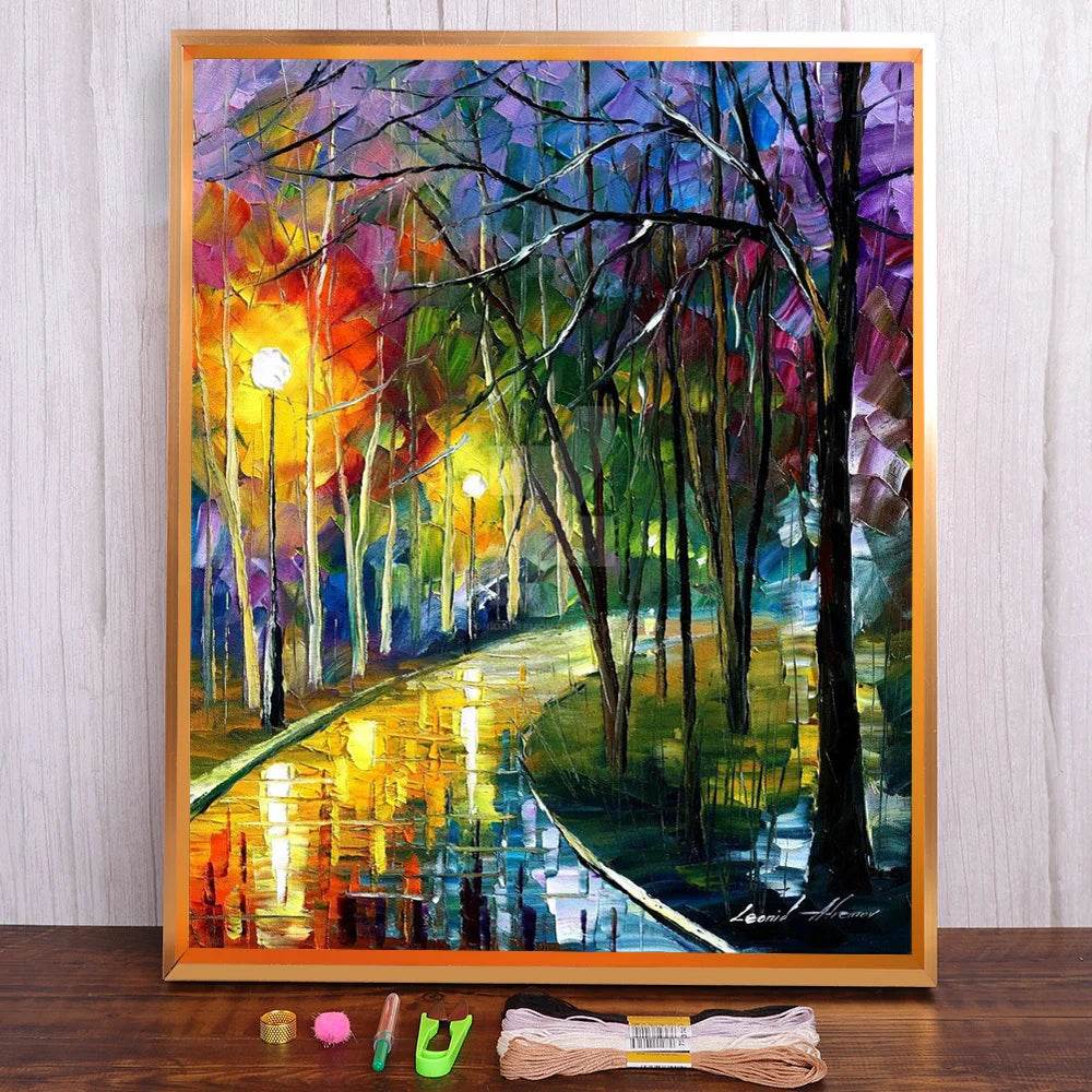 Night Rain Scenic 11CT Cross Stitch Embroidery Kit with DMC Threads for Adults - ToylandEU