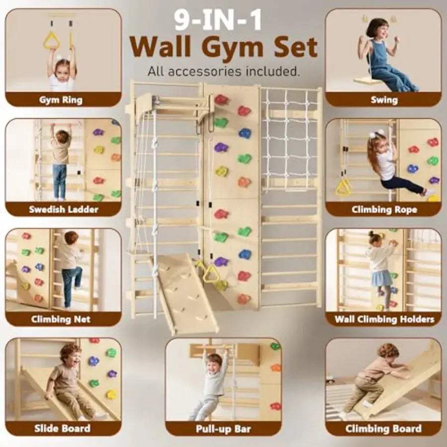  Nine-In-One Wooden Wall-Mounted Climbing Set Indoors -  ToylandEU™