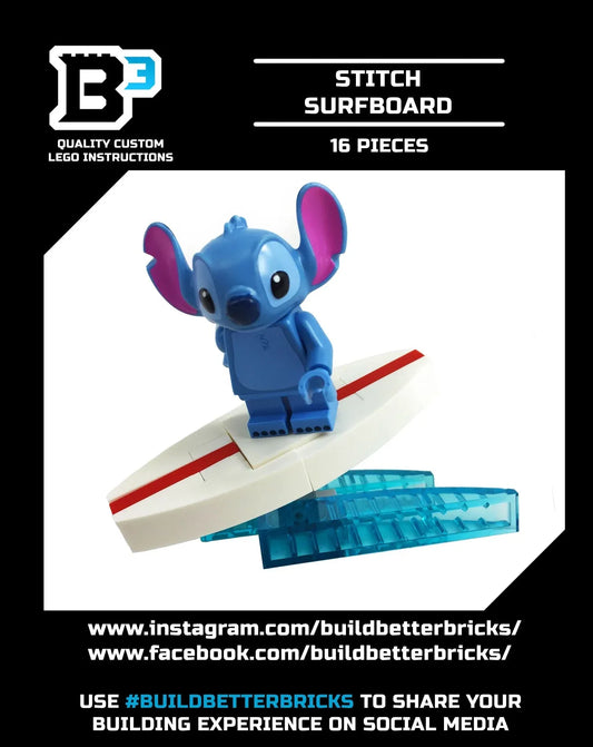 Official LEGO Stitch Figure With Custom Surfboard And Mini Wave Set Built From New Condition LEGO Bricks - ToylandEU