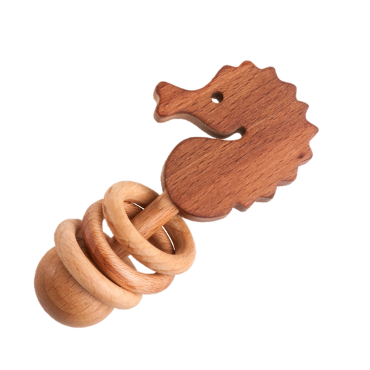 Organic Wooden Rattle Teether Seahorse For Gentle Soothing - ToylandEU