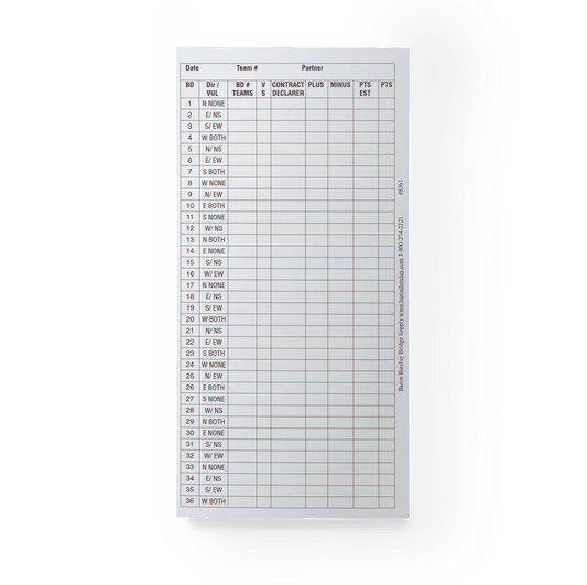 Padded Score Sheet | Duplicate Bridge Use | Individual Player | Compact Fit