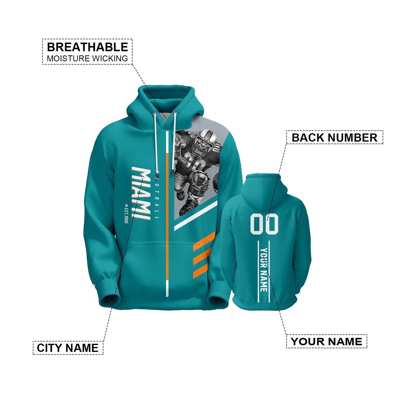 Personalized 3D Printed Miami Football Hoodie for Men & Youth - Custom Name, Number, City & Mascot Pullover Gift - ToylandEU
