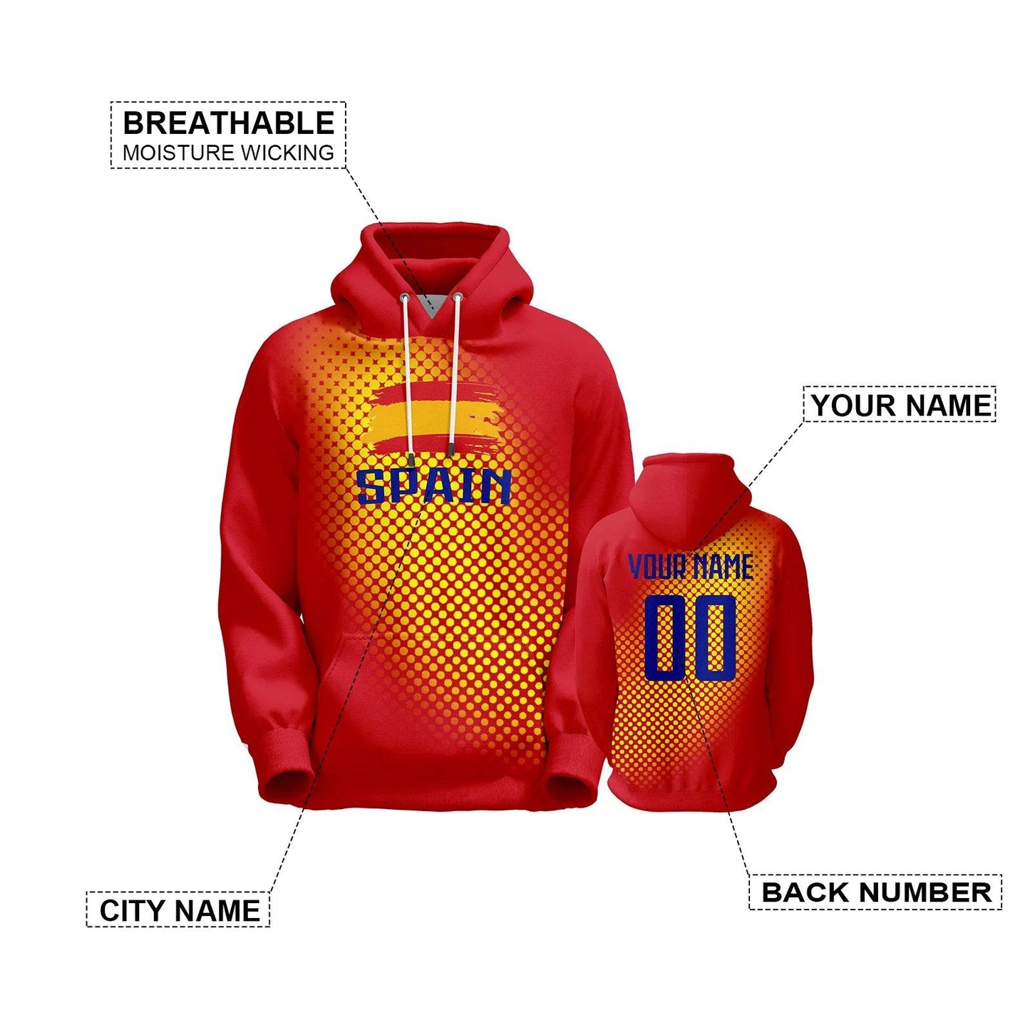 Personalized 3D Printed Spain Soccer Hoodie for All Ages - Custom Name & Number Pullover Sweatshirt for Football Fans - ToylandEU