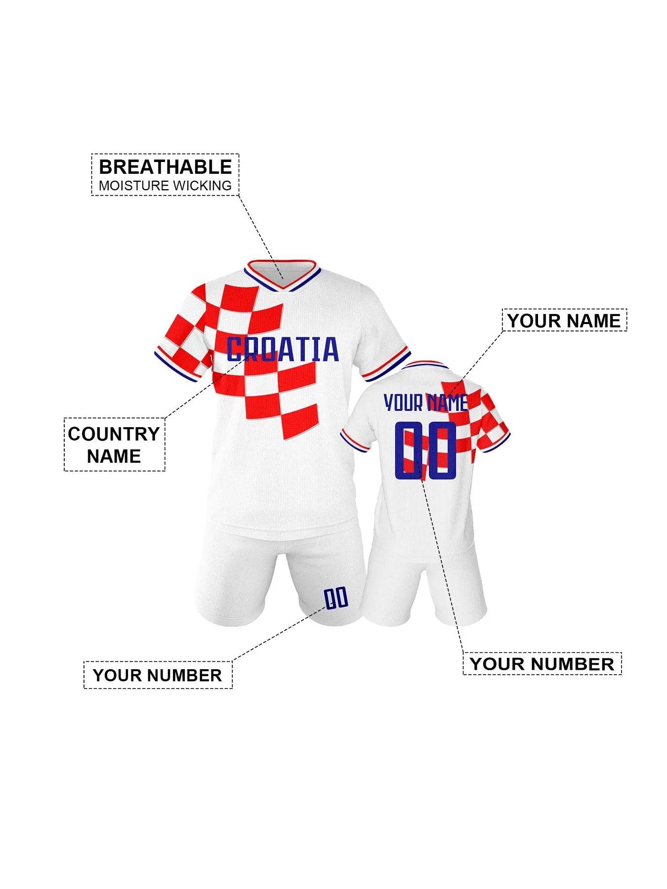 Personalized Croatia Kids Soccer Jersey Set - Custom Football Uniforms with Name & Number for Boys and Girls - ToylandEU