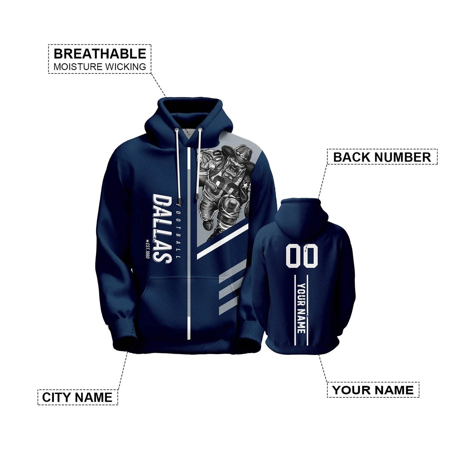 Personalized Dallas City Mascots Football Hoodie - Custom Name & Number Sweatshirt for Fans, Men, Women & Youth - ToylandEU