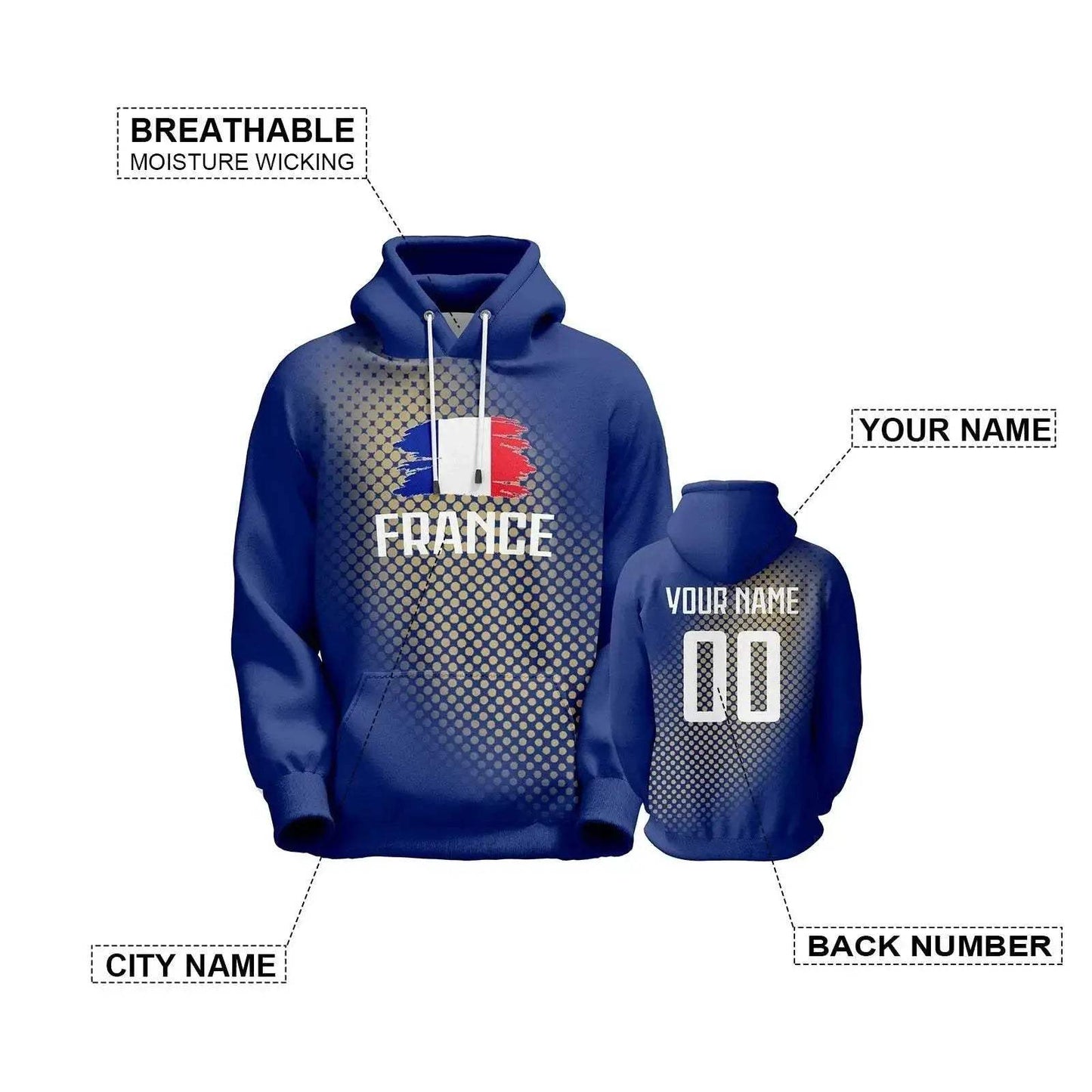 Personalized France Soccer Hoodies with Custom Name and Number, National Flag Design Pullover Sweatshirts for Men, Women, and Youth - ToylandEU