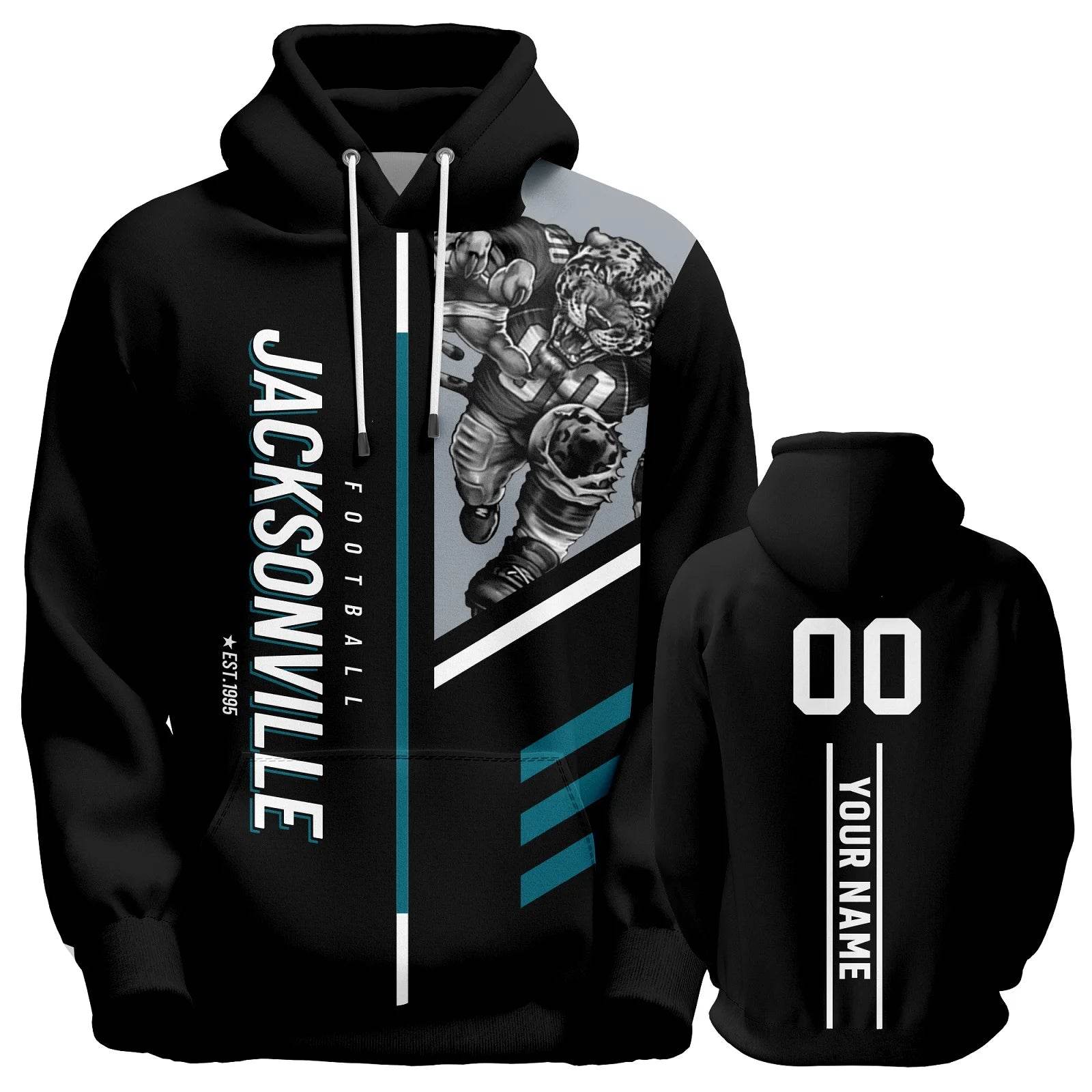 Personalized Jacksonville 3D Print American Football Hoodie with Custom Name & Number - Unisex Sweatshirt for Fans - ToylandEU