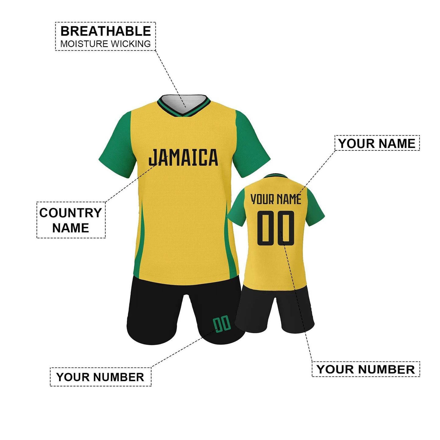 Personalized Jamaica Kids Soccer Kit - Custom Football Jersey with Name & Number for Youth Teams - ToylandEU
