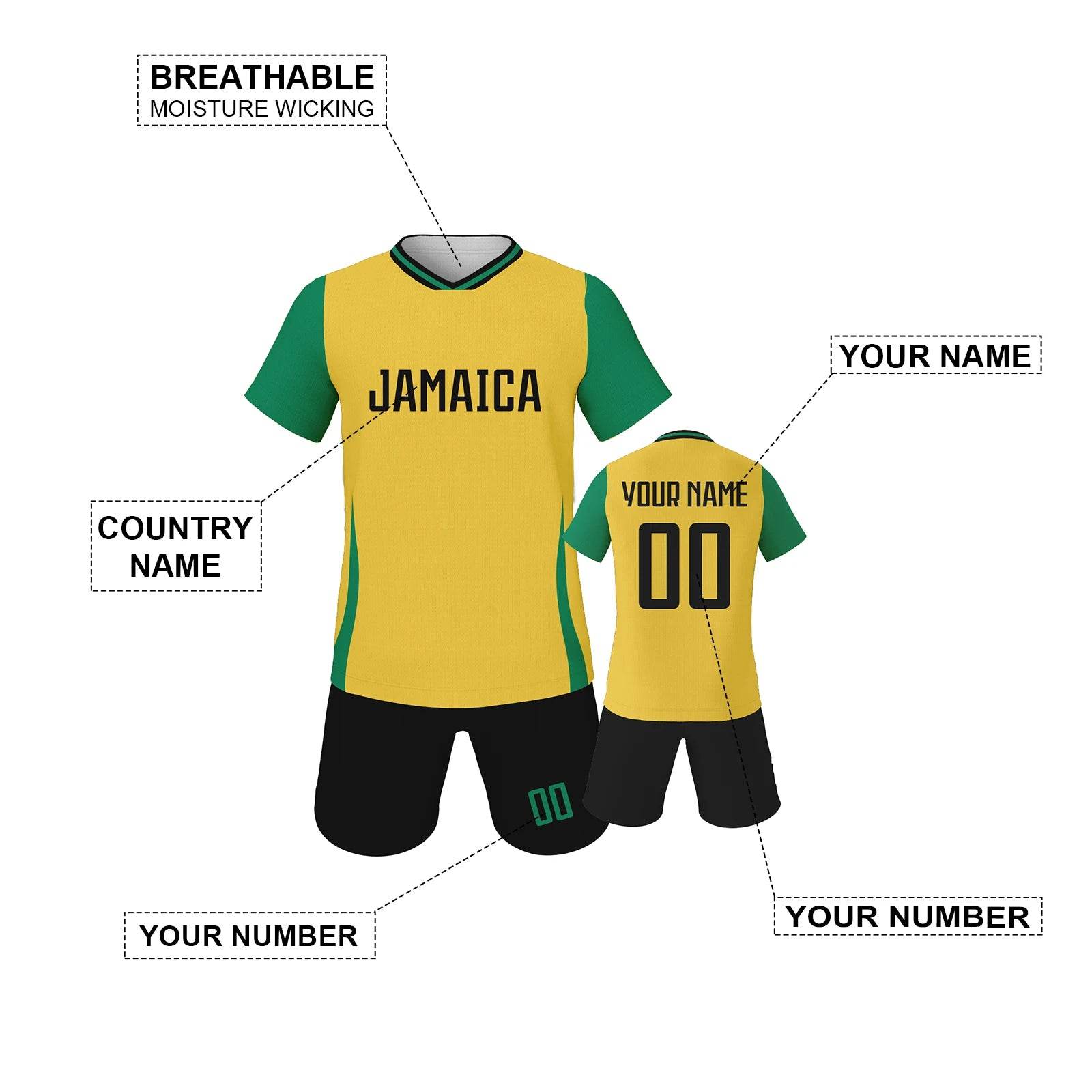 Personalized Jamaica Kids Soccer Kit - Custom Football Jersey with Name & Number for Youth Teams - ToylandEU