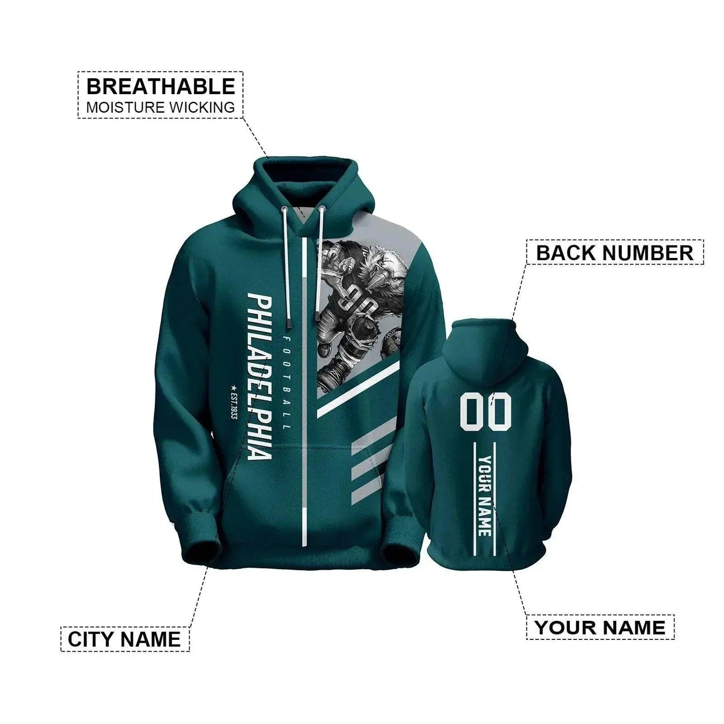  Personalized Philadelphia Football Hoodie for All Ages - 3D Printed City Mascot Sweatshirt with Custom Name & Number (S-5XL) -  ToylandEU™