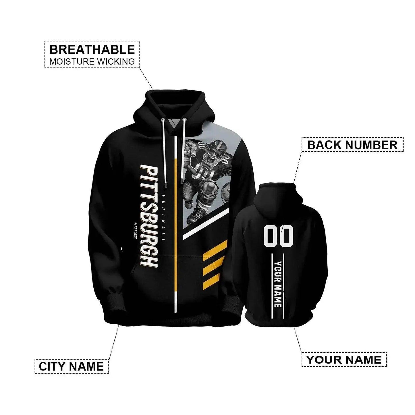  Personalized Pittsburgh City 3D Printed American Football Hoodie for Men, Women, and Youth - Custom Name and Number Sweatshirt Gift -  ToylandEU™